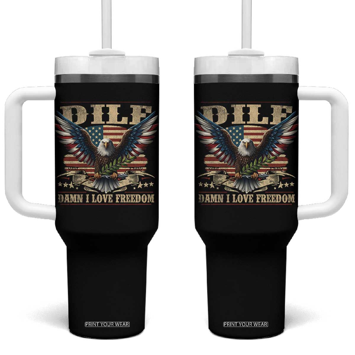 Funny 4th Of July DILF Damn I Love Freedom Tumbler With Handle Bald Eagle American Flag TS11 One Size: 40 oz Black Print Your Wear