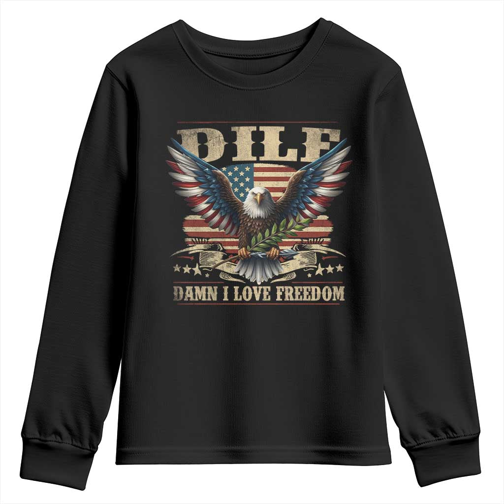Funny 4th Of July DILF Damn I Love Freedom Youth Sweatshirt Bald Eagle American Flag TS11 Black Print Your Wear