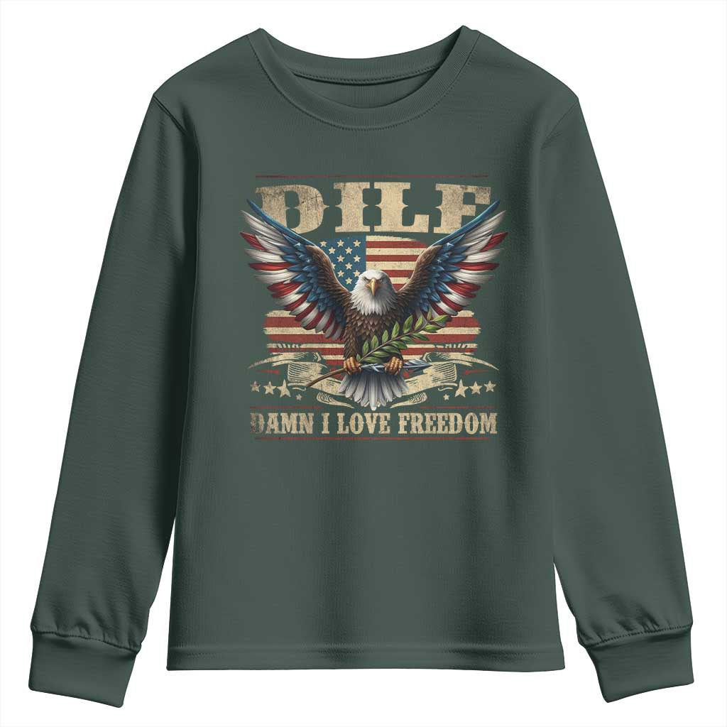 Funny 4th Of July DILF Damn I Love Freedom Youth Sweatshirt Bald Eagle American Flag TS11 Dark Forest Green Print Your Wear