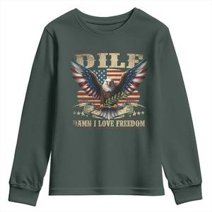Funny 4th Of July DILF Damn I Love Freedom Youth Sweatshirt Bald Eagle American Flag TS11 Dark Forest Green Print Your Wear