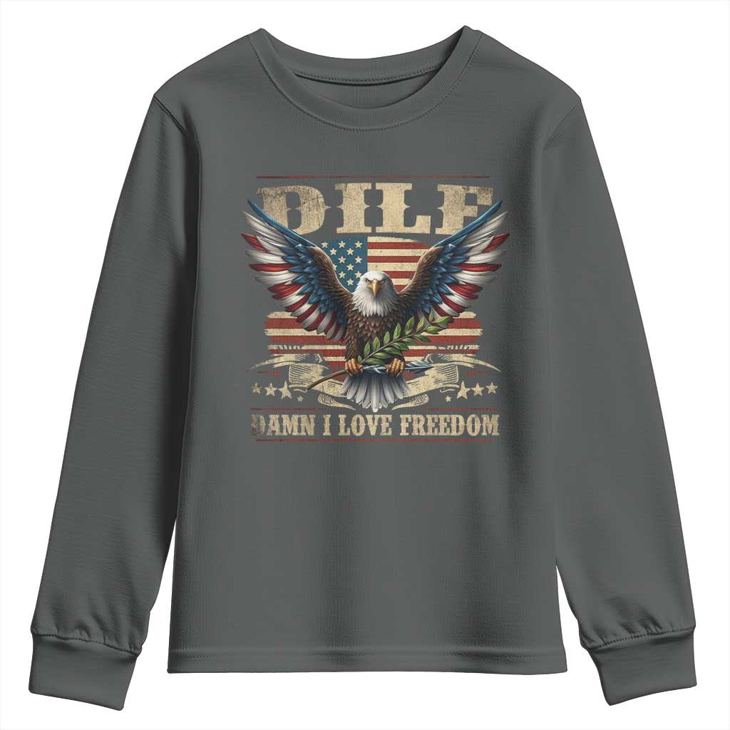 Funny 4th Of July DILF Damn I Love Freedom Youth Sweatshirt Bald Eagle American Flag TS11 Dark Heather Print Your Wear