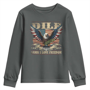 Funny 4th Of July DILF Damn I Love Freedom Youth Sweatshirt Bald Eagle American Flag TS11 Dark Heather Print Your Wear