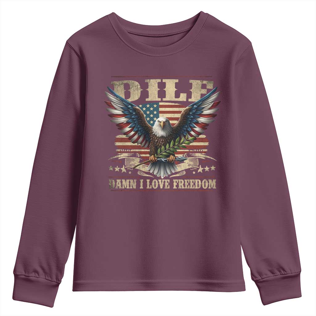 Funny 4th Of July DILF Damn I Love Freedom Youth Sweatshirt Bald Eagle American Flag TS11 Maroon Print Your Wear