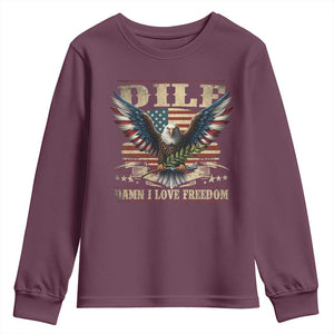Funny 4th Of July DILF Damn I Love Freedom Youth Sweatshirt Bald Eagle American Flag TS11 Maroon Print Your Wear