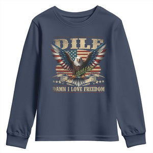 Funny 4th Of July DILF Damn I Love Freedom Youth Sweatshirt Bald Eagle American Flag TS11 Navy Print Your Wear