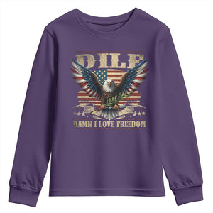 Funny 4th Of July DILF Damn I Love Freedom Youth Sweatshirt Bald Eagle American Flag TS11 Purple Print Your Wear