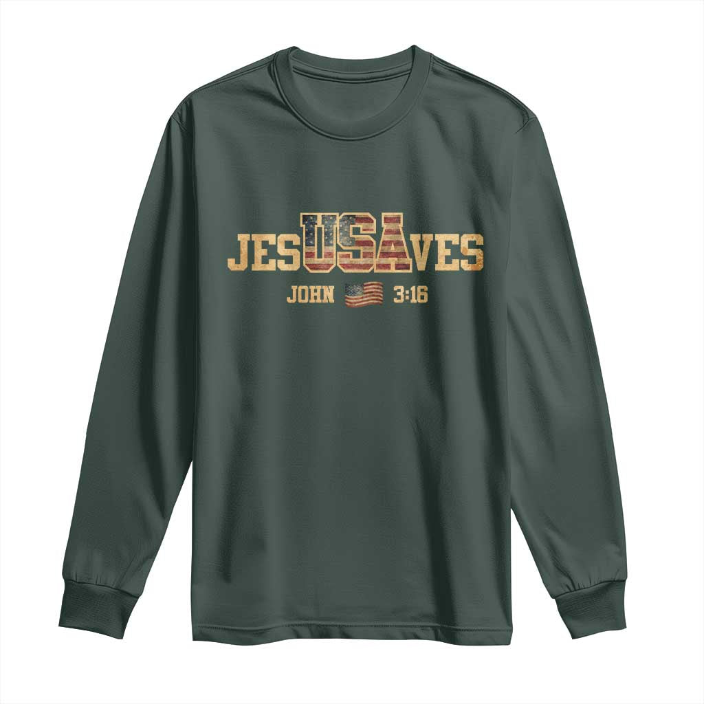 Funny Jesus Saves USA John 3 16 Long Sleeve Shirt Christian 4th Of July Bible Verse TS11 Dark Forest Green Print Your Wear