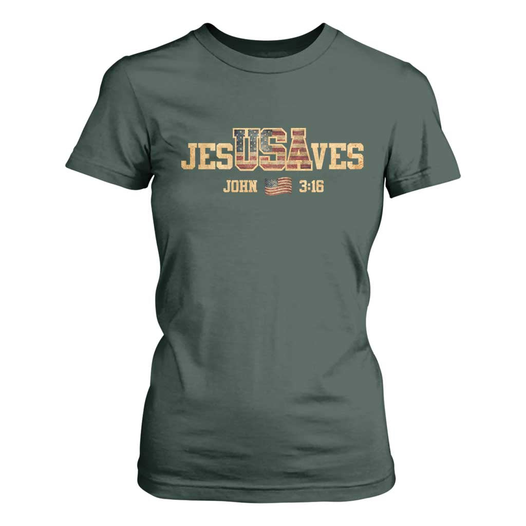 Funny Jesus Saves USA John 3 16 T Shirt For Women Christian 4th Of July Bible Verse TS11 Dark Forest Green Print Your Wear
