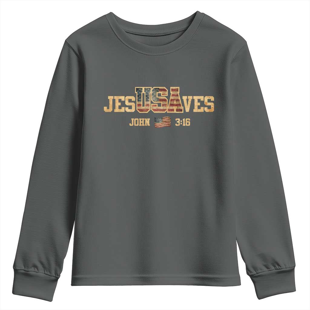Funny Jesus Saves USA John 3 16 Youth Sweatshirt Christian 4th Of July Bible Verse TS11 Dark Heather Print Your Wear