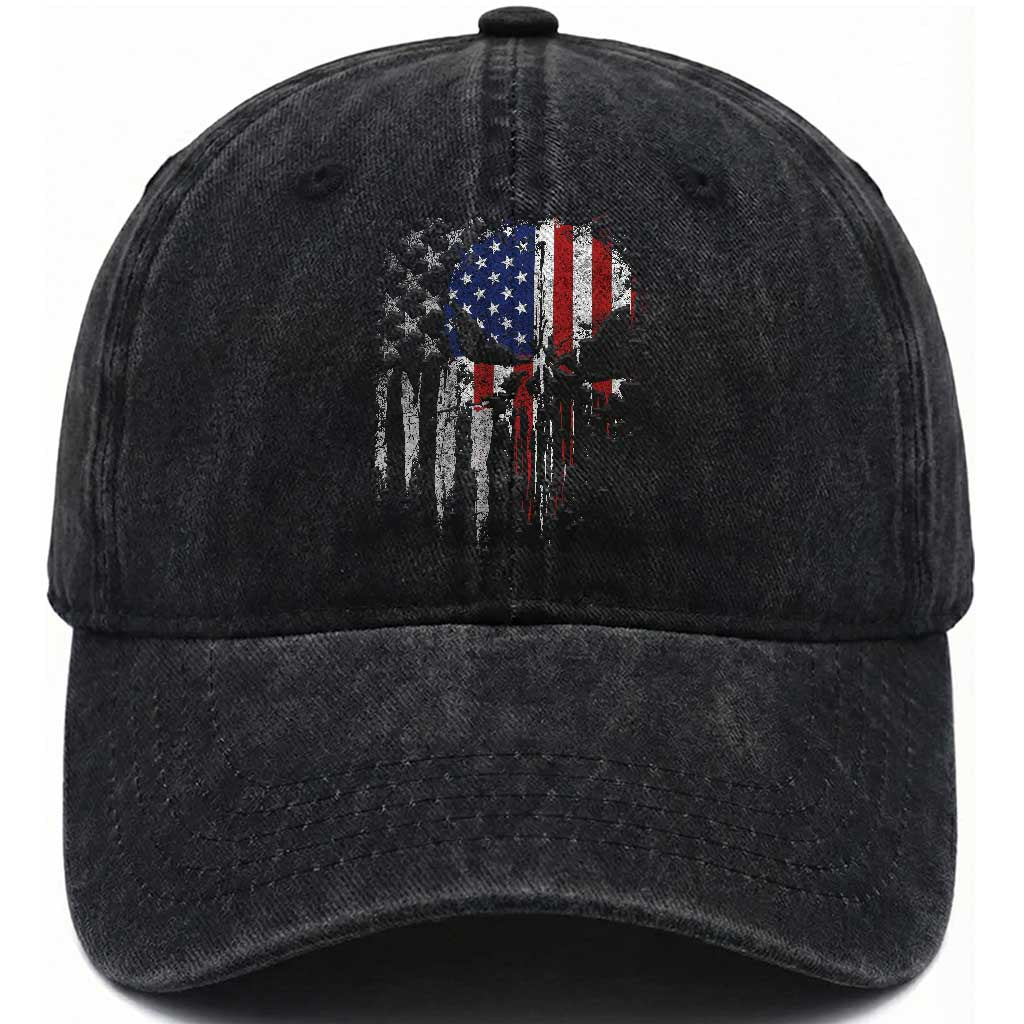 Funny 4th Of July Vintage American Flag Skull Skeleton Washed Cotton Baseball Cap TS11 Print Your Wear