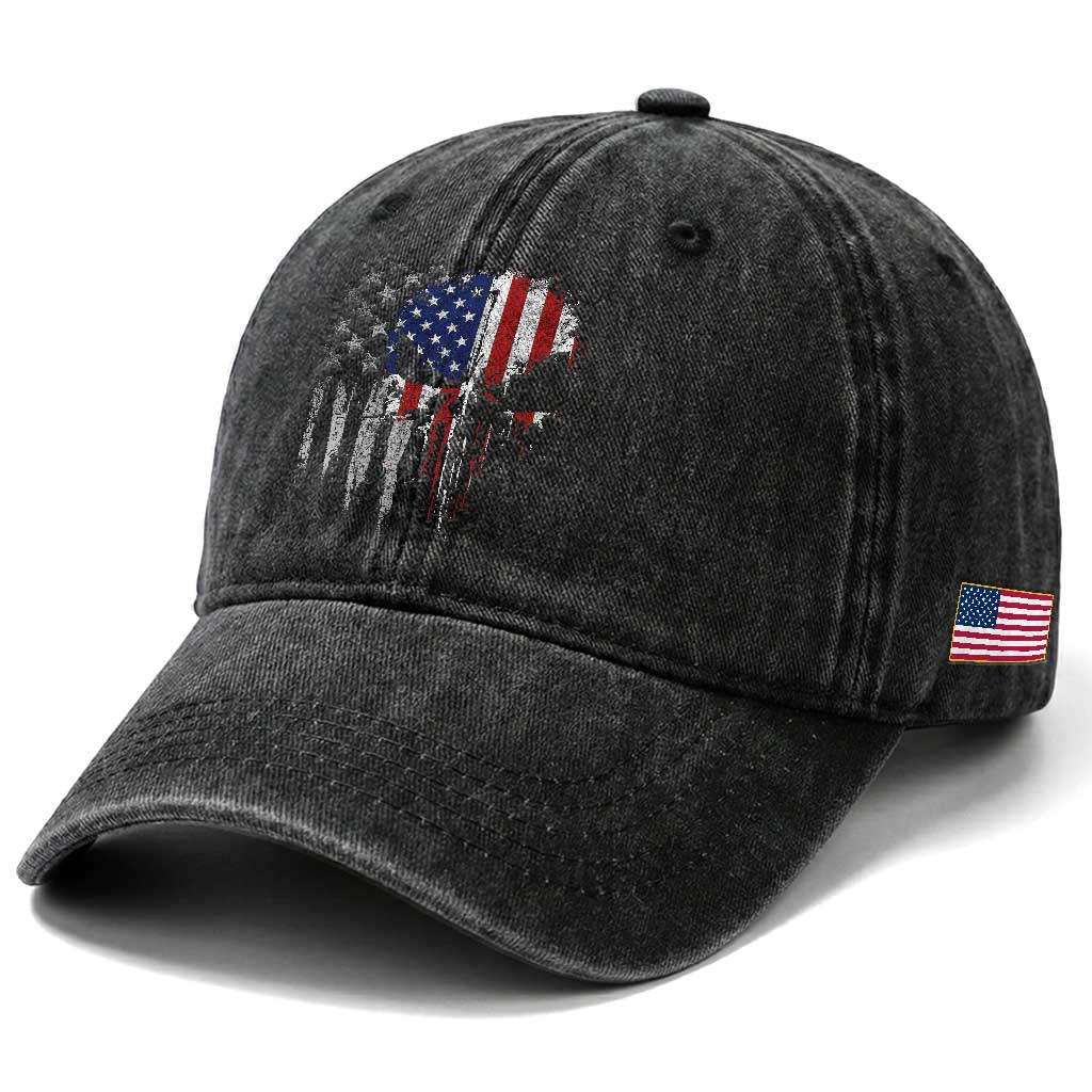 Funny 4th Of July Vintage American Flag Skull Skeleton Washed Cotton Baseball Cap TS11 Print Your Wear