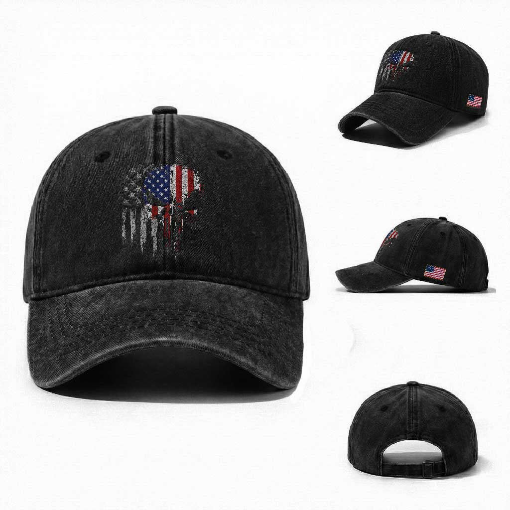 Funny 4th Of July Vintage American Flag Skull Skeleton Washed Cotton Baseball Cap TS11 Washed Cap Universal Fit Black Print Your Wear