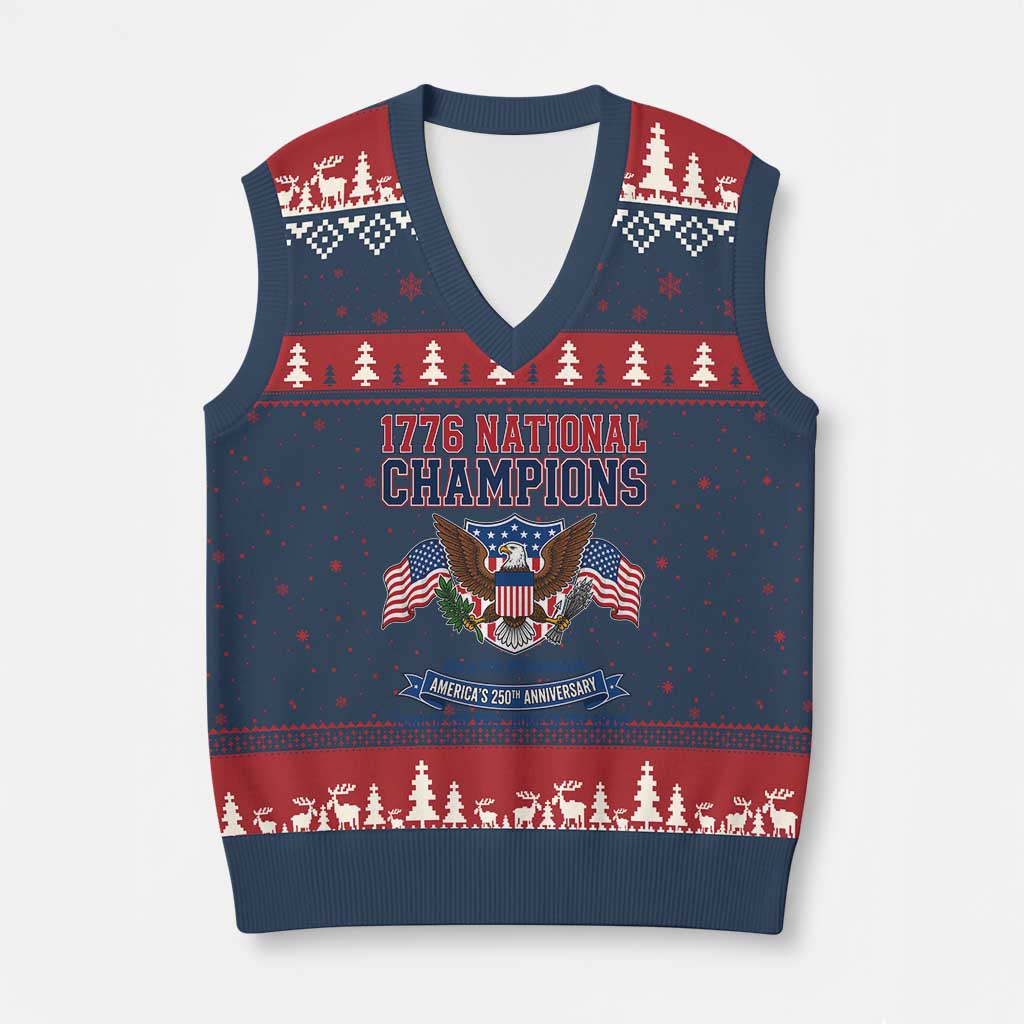1776 National Champions 250th Anniversary USA V-Neck Knit Sweater Vest Land Of The Free Home Of The Brave