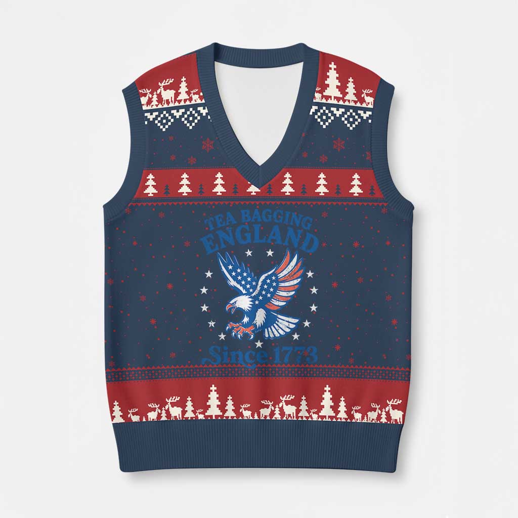 Tea Bagging England Since 1773 V-Neck Knit Sweater Vest Patriotic Eagle 4th of July TS11 Navy Red Print Your Wear