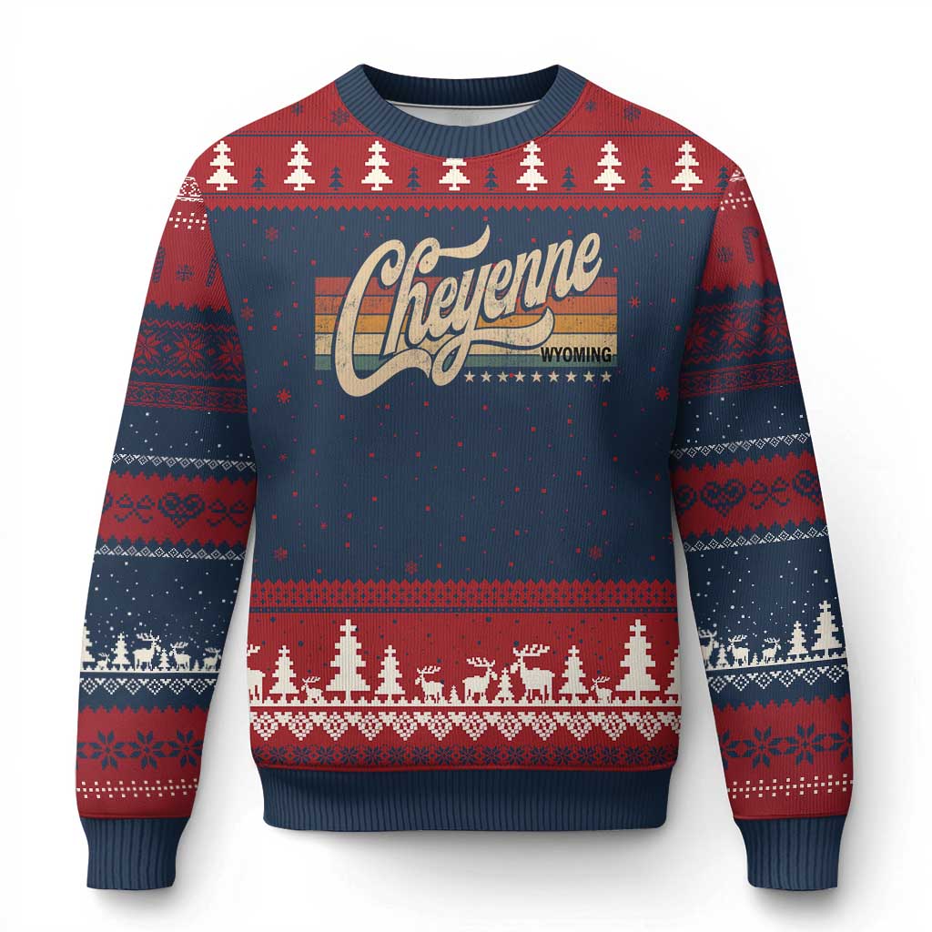 Cheyenne Wyoming Pride Retro Vintage WY State Ugly Christmas Sweater TS11 Navy Red Print Your Wear