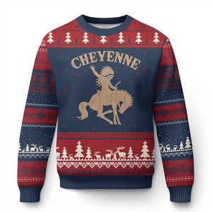 Cheyenne State Native American Cowboy Rodeo Ugly Christmas Sweater TS11 Navy Red Print Your Wear