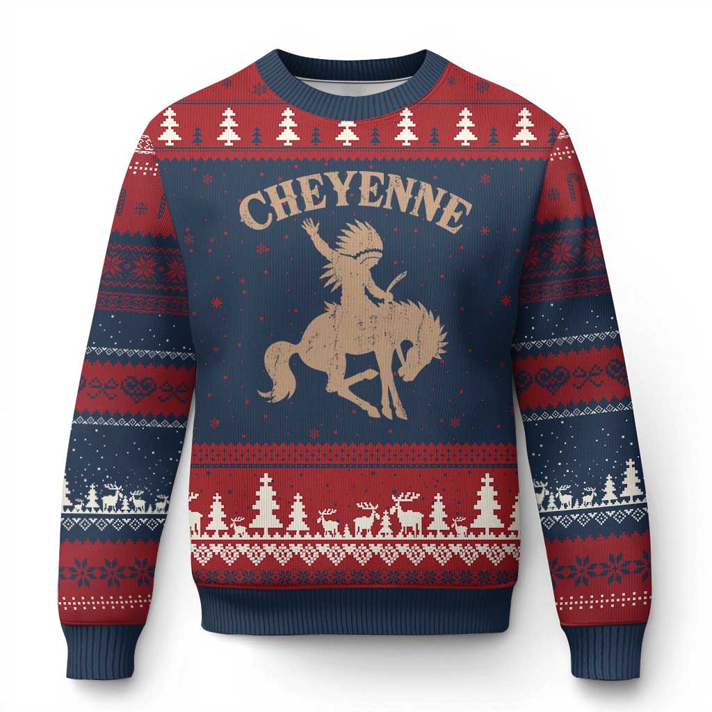 Cheyenne State Native American Cowboy Rodeo Ugly Christmas Sweater TS11 Navy Red Print Your Wear