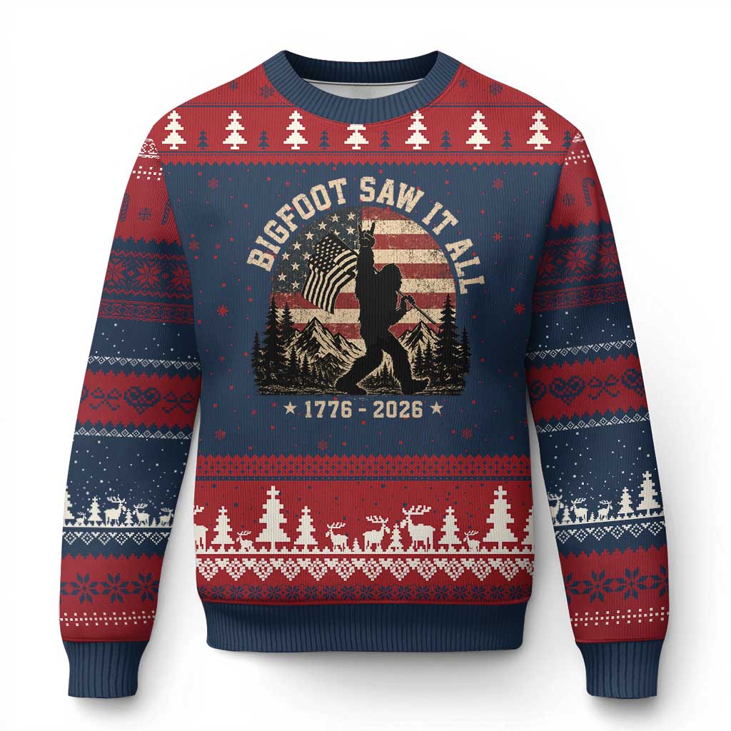 Bigfoot Saw It All 250 Years 1776 2026 4th of July Ugly Christmas Sweater TS11 Navy Red Print Your Wear