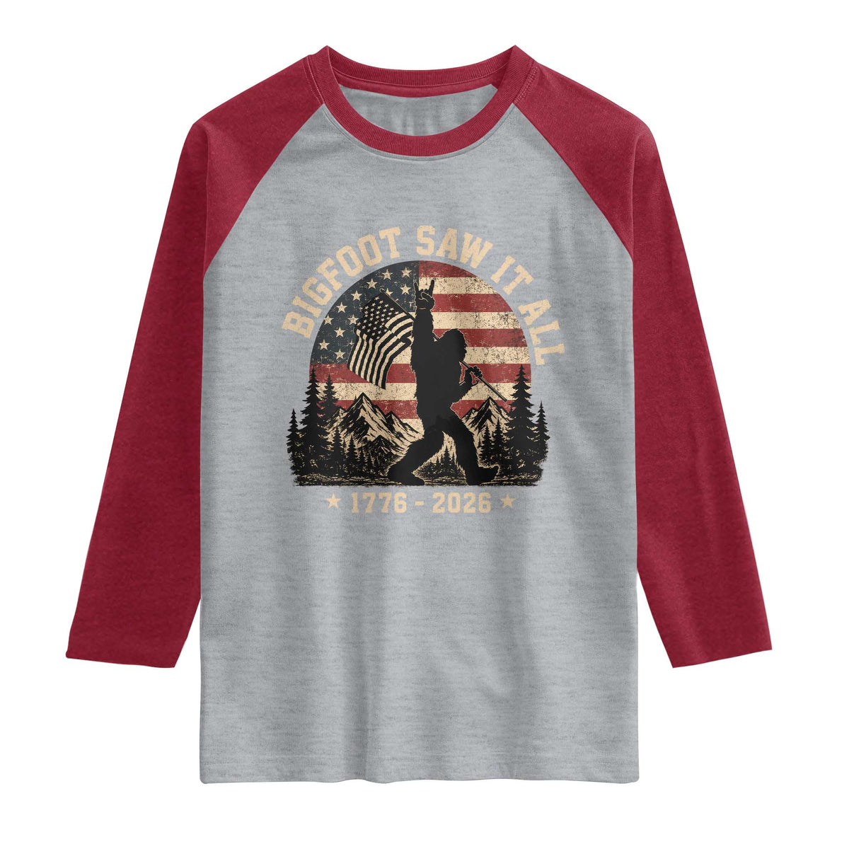 Bigfoot Saw It All 250 Years 1776 2026 4th of July Raglan Shirt