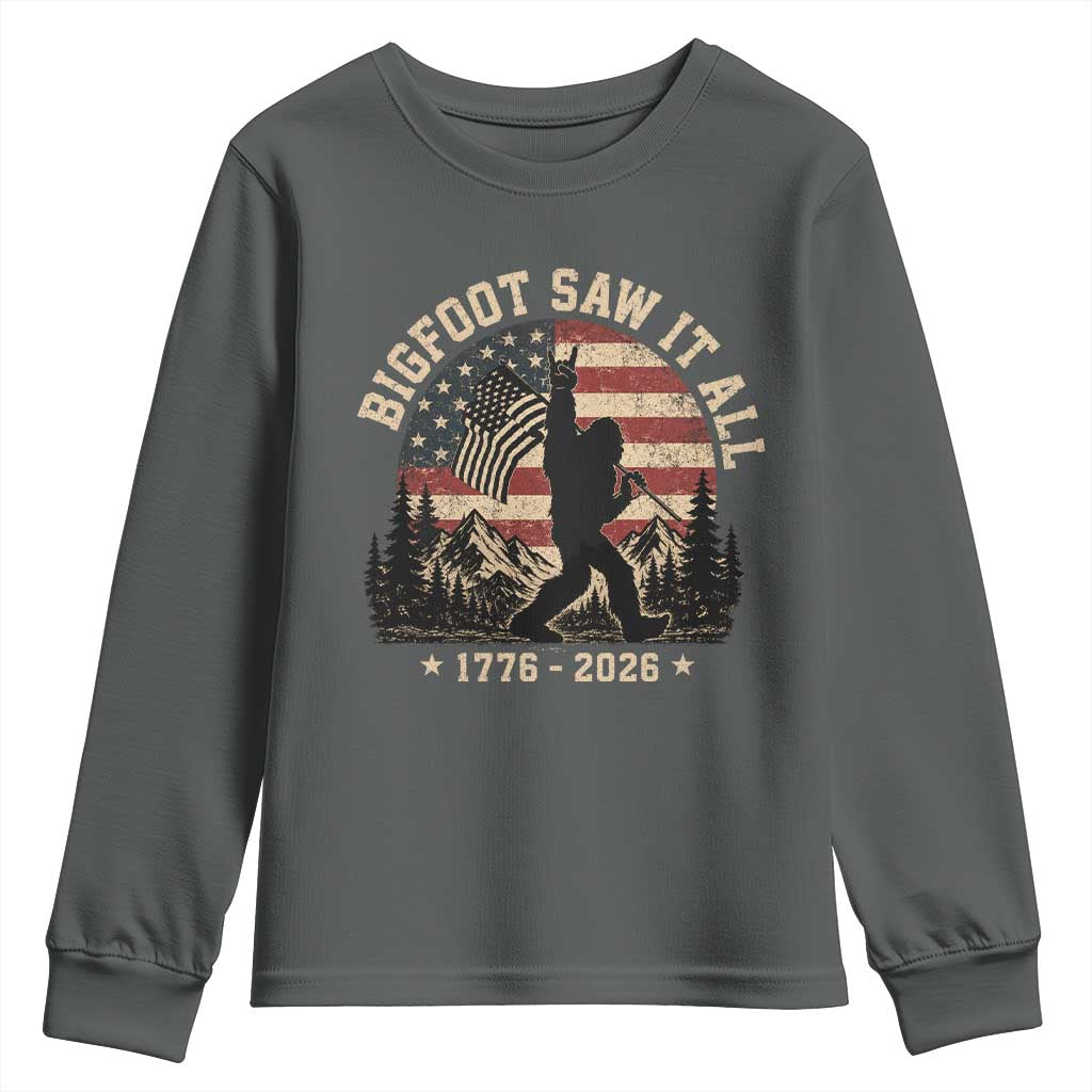 Bigfoot Saw It All 250 Years 1776 2026 4th of July Youth Sweatshirt TS11 Dark Heather Print Your Wear
