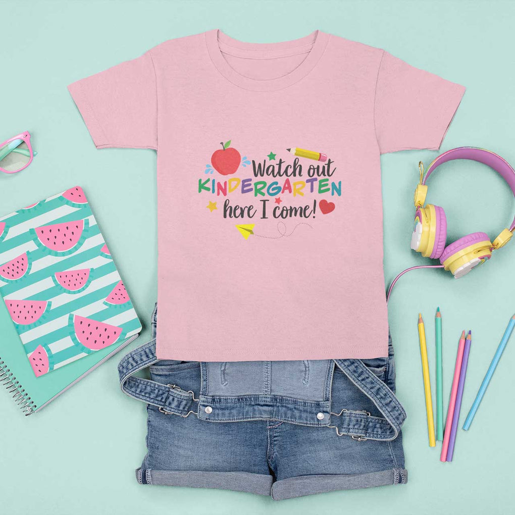 Watch Out Kindergarten Here I Come T Shirt For Kid Back To School Clock Apple Pen TS11 Light Pink Print Your Wear