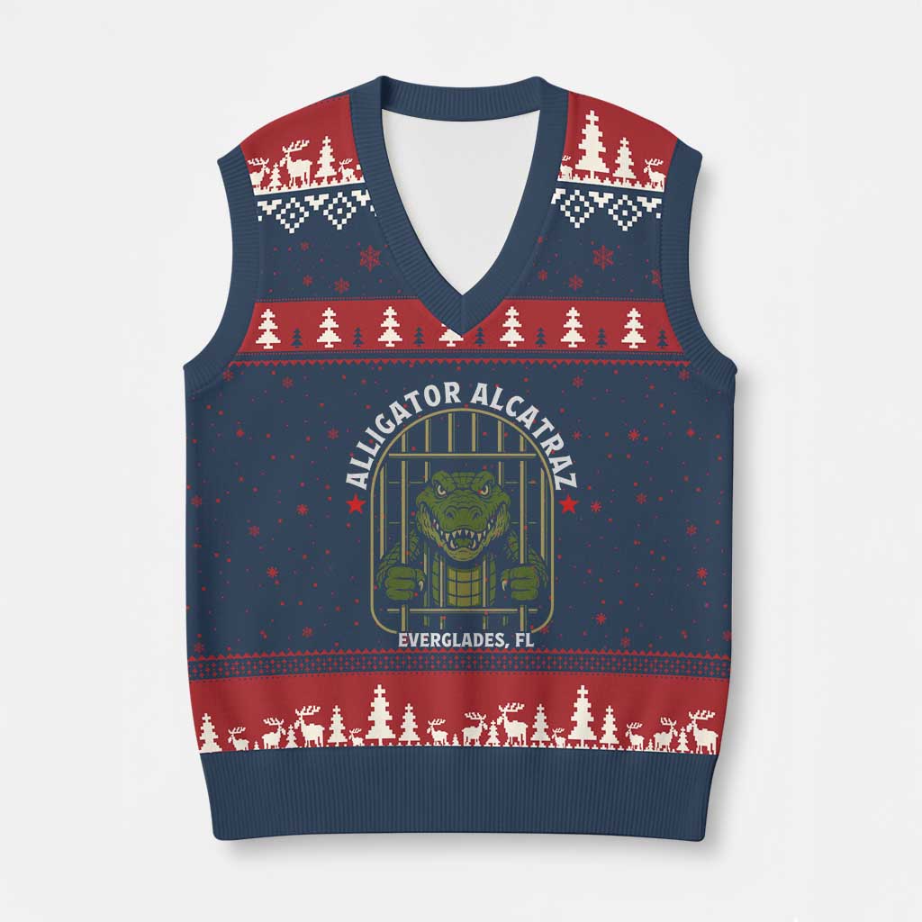 Funny Aligator Alcatraz Everglades V-Neck Knit Sweater Vest Alligator Prison Alligatraz Meme TS11 Navy Red Print Your Wear