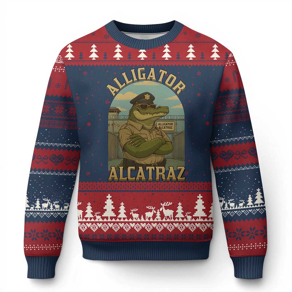Funny Aligator Alcatraz Everglades Ugly Christmas Sweater Police Alligator Alligatraz Meme TS11 Navy Red Print Your Wear