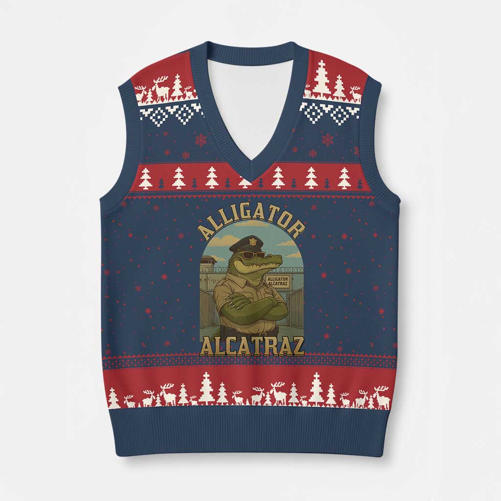 Funny Aligator Alcatraz Everglades V-Neck Knit Sweater Vest Police Alligator Alligatraz Meme TS11 Navy Red Print Your Wear