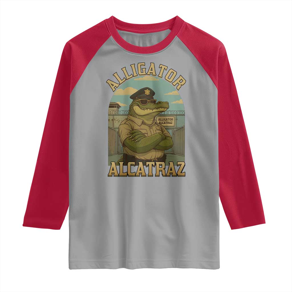 Funny Aligator Alcatraz Everglades Raglan Shirt Police Alligator Alligatraz Meme TS11 Sport Gray Red Print Your Wear