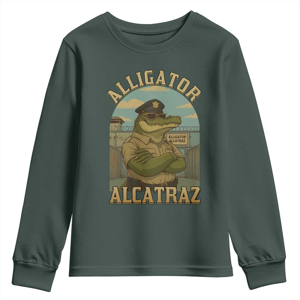 Funny Aligator Alcatraz Everglades Youth Sweatshirt Police Alligator Alligatraz Meme TS11 Dark Forest Green Print Your Wear