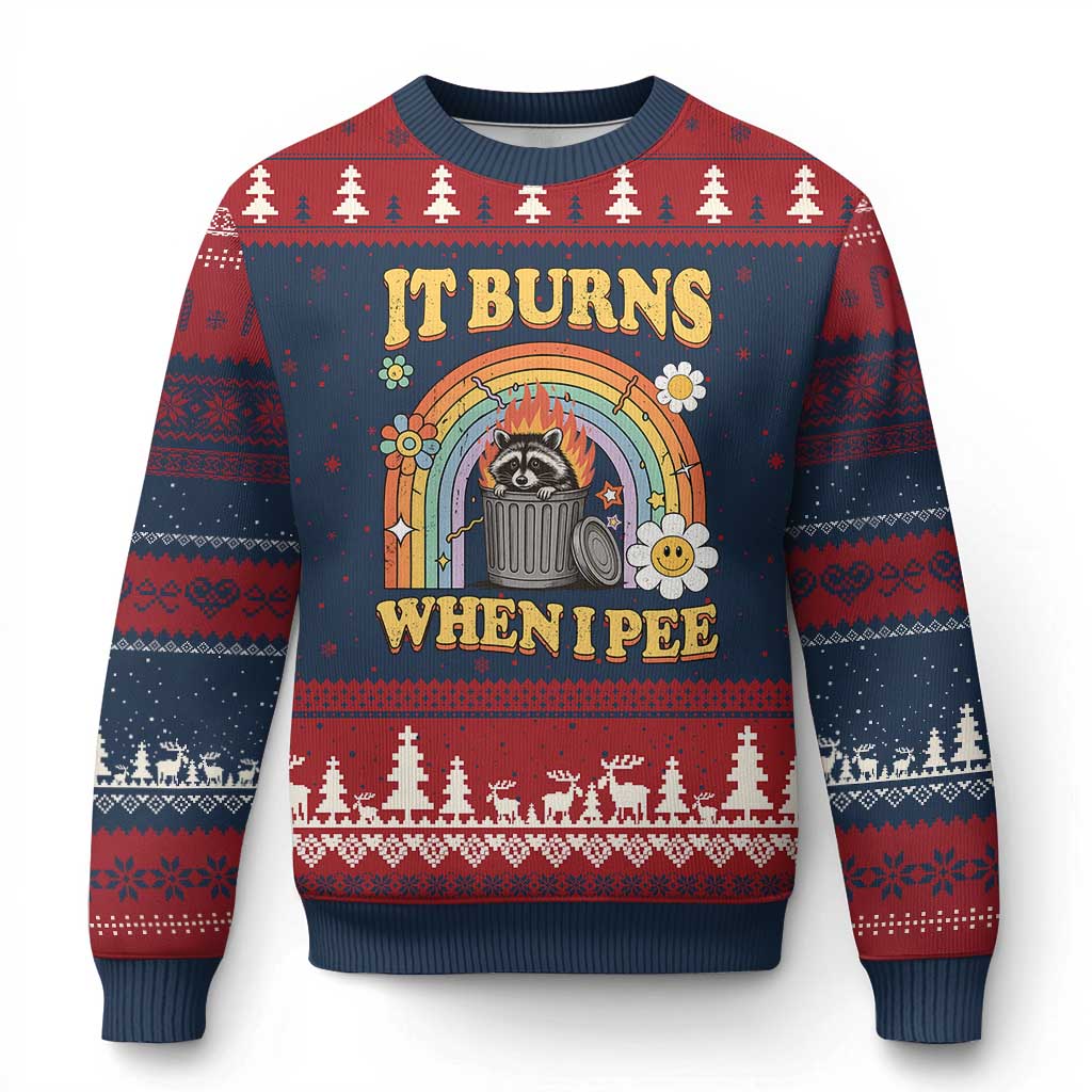 Funny It Burns When I Pee Ugly Christmas Sweater Sarcastic Burning Racoon Meme TS11 Navy Red Print Your Wear