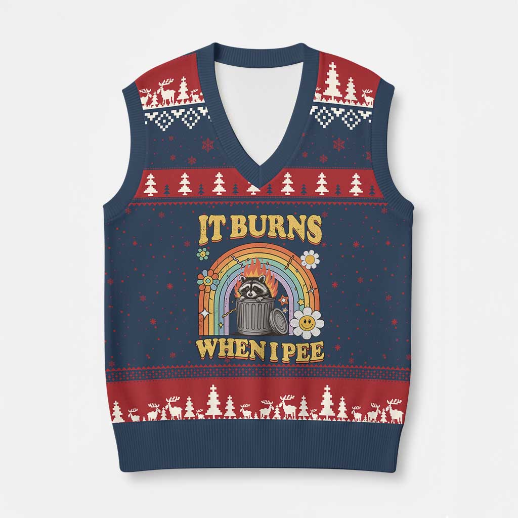 Funny It Burns When I Pee V-Neck Knit Sweater Vest Sarcastic Burning Racoon Meme TS11 Navy Red Print Your Wear