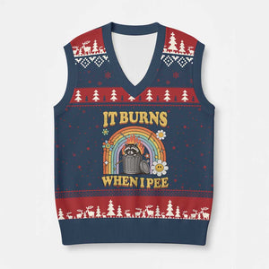 Funny It Burns When I Pee V-Neck Knit Sweater Vest Sarcastic Burning Racoon Meme TS11 Navy Red Print Your Wear