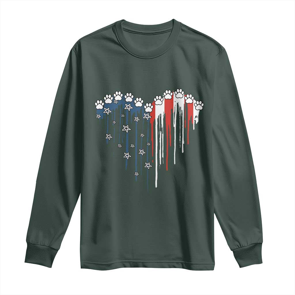 Patriotic Dog And Cat Paw American Flag Heart 4th Of July Long Sleeve Shirt TS11 Dark Forest Green Print Your Wear