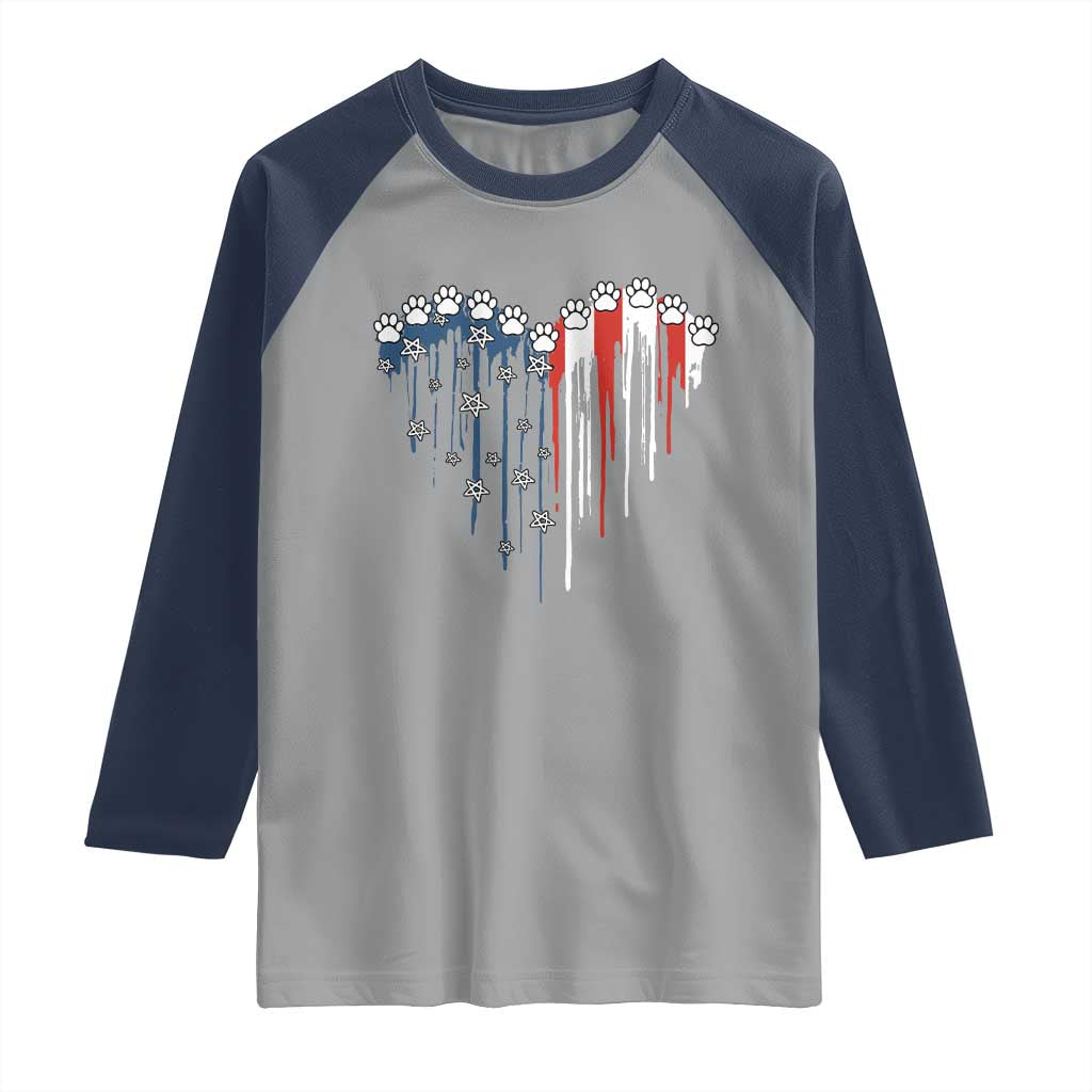 Patriotic Dog And Cat Paw American Flag Heart 4th Of July Raglan Shirt TS11 Sport Gray Navy Print Your Wear