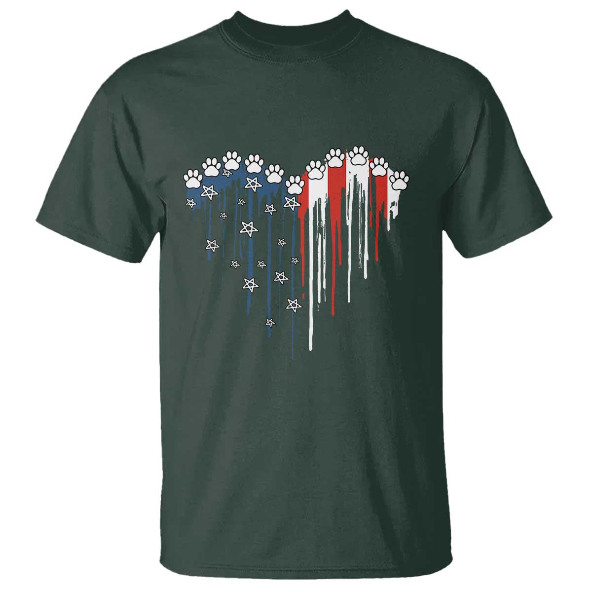 Patriotic Dog And Cat Paw American Flag Heart 4th Of July T Shirt TS11 Dark Forest Green Print Your Wear