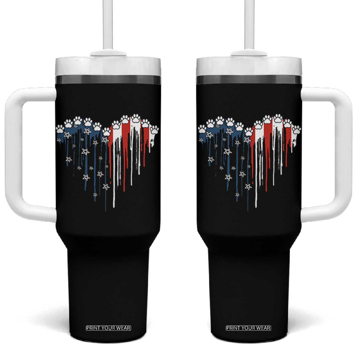 Patriotic Dog And Cat Paw American Flag Heart 4th Of July Tumbler With Handle TS11 One Size: 40 oz Black Print Your Wear