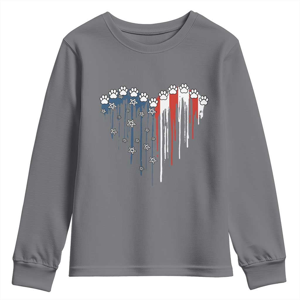 Patriotic Dog And Cat Paw American Flag Heart 4th Of July Youth Sweatshirt TS11 Charcoal Print Your Wear