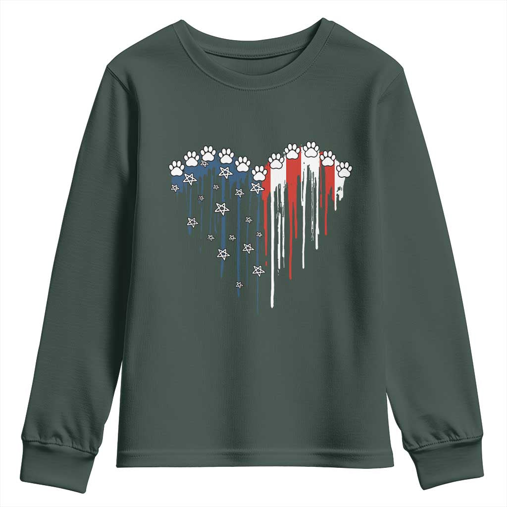 Patriotic Dog And Cat Paw American Flag Heart 4th Of July Youth Sweatshirt TS11 Dark Forest Green Print Your Wear