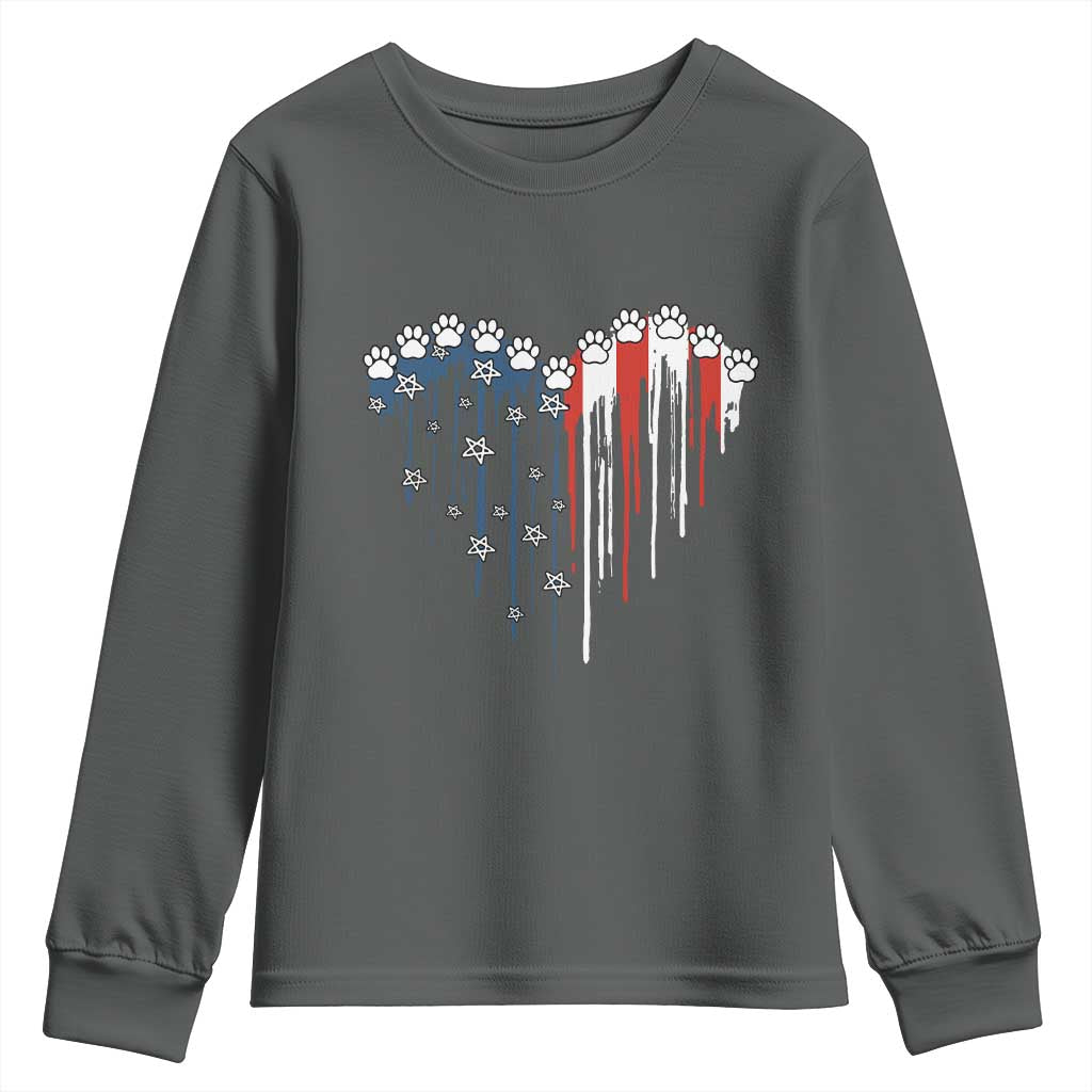 Patriotic Dog And Cat Paw American Flag Heart 4th Of July Youth Sweatshirt TS11 Dark Heather Print Your Wear