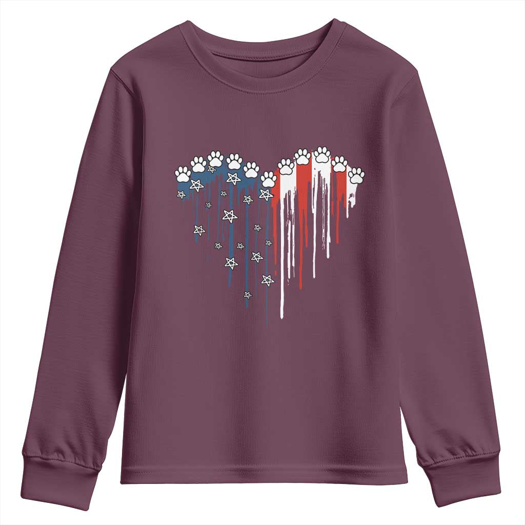 Patriotic Dog And Cat Paw American Flag Heart 4th Of July Youth Sweatshirt TS11 Maroon Print Your Wear