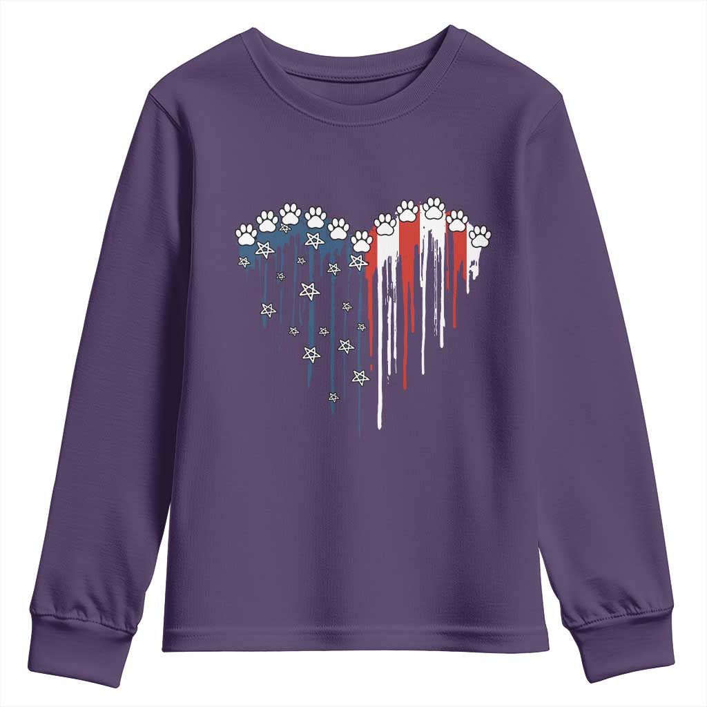 Patriotic Dog And Cat Paw American Flag Heart 4th Of July Youth Sweatshirt TS11 Purple Print Your Wear