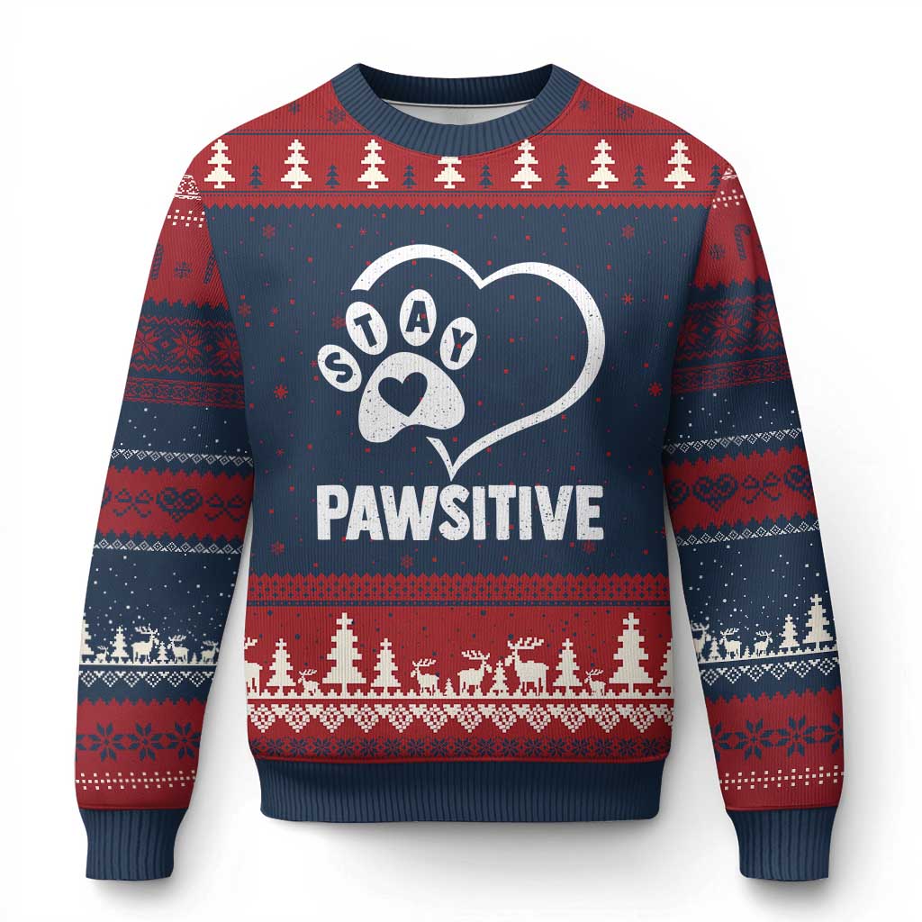 Funny Stay Pawsitive Ugly Christmas Sweater Cat Dog Lover Positive Vibes TS11 Navy Red Print Your Wear