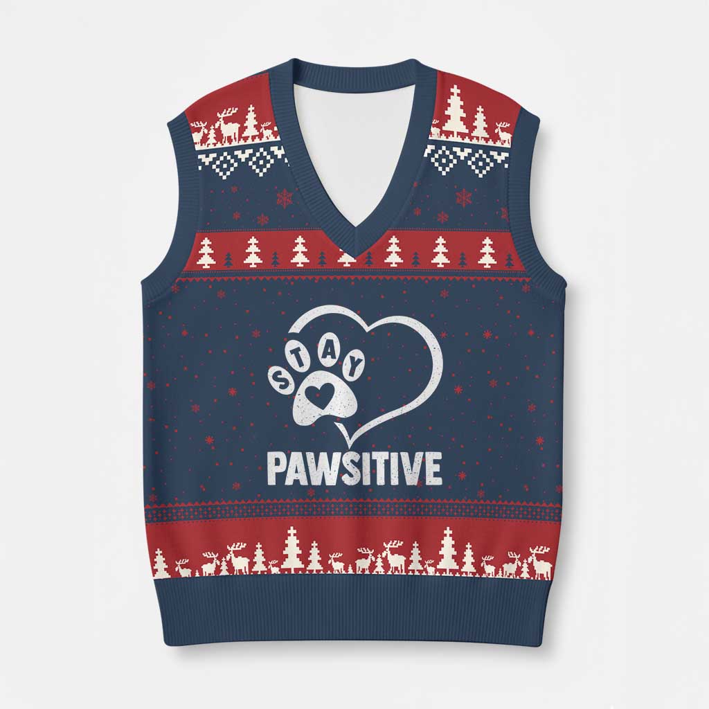Funny Stay Pawsitive V-Neck Knit Sweater Vest Cat Dog Lover Positive Vibes TS11 Navy Red Print Your Wear