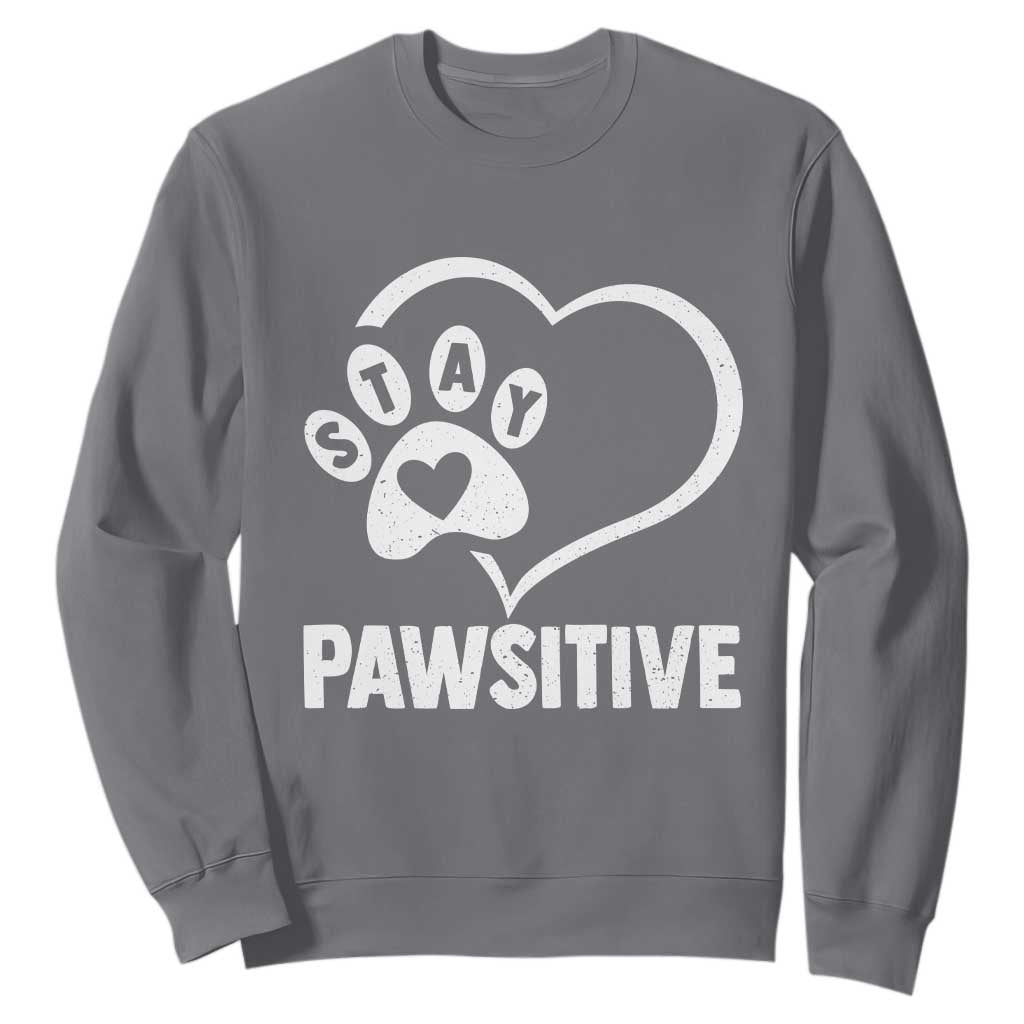 Funny Stay Pawsitive Sweatshirt Cat Dog Lover Positive Vibes TS11 Charcoal Print Your Wear