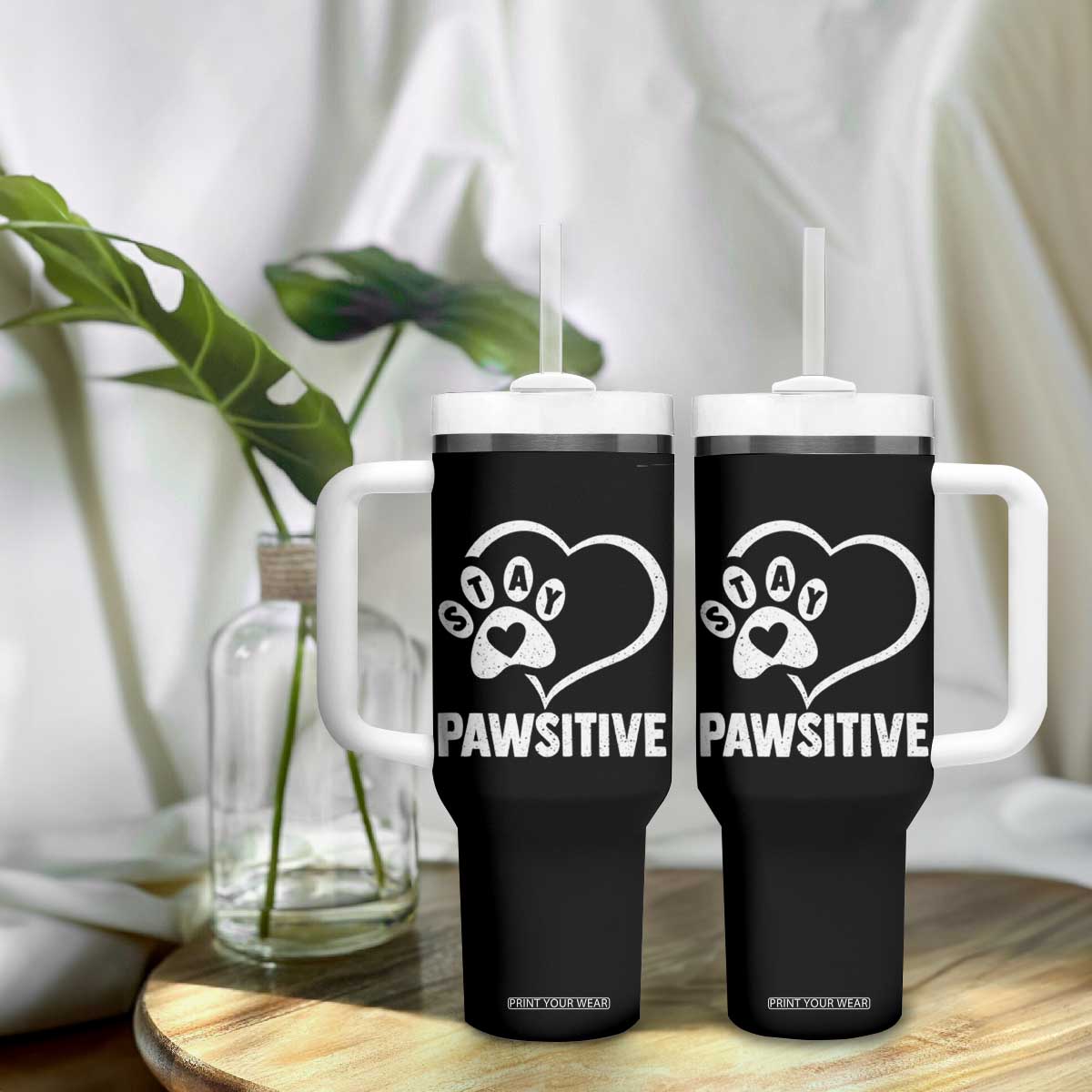 Funny Stay Pawsitive Tumbler With Handle Cat Dog Lover Positive Vibes TS11 Print Your Wear