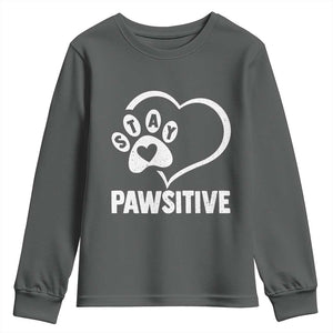 Funny Stay Pawsitive Youth Sweatshirt Cat Dog Lover Positive Vibes TS11 Dark Heather Print Your Wear