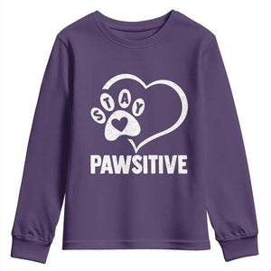 Funny Stay Pawsitive Youth Sweatshirt Cat Dog Lover Positive Vibes TS11 Purple Print Your Wear