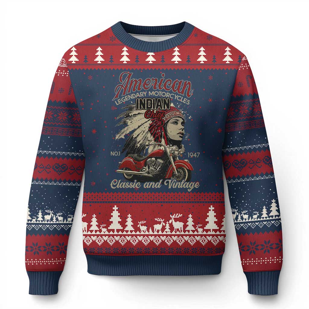 American Legendary Motorcycle Indian Chief Ugly Christmas Sweater Classic And Vintage Bikers TS11 Navy Red Print Your Wear