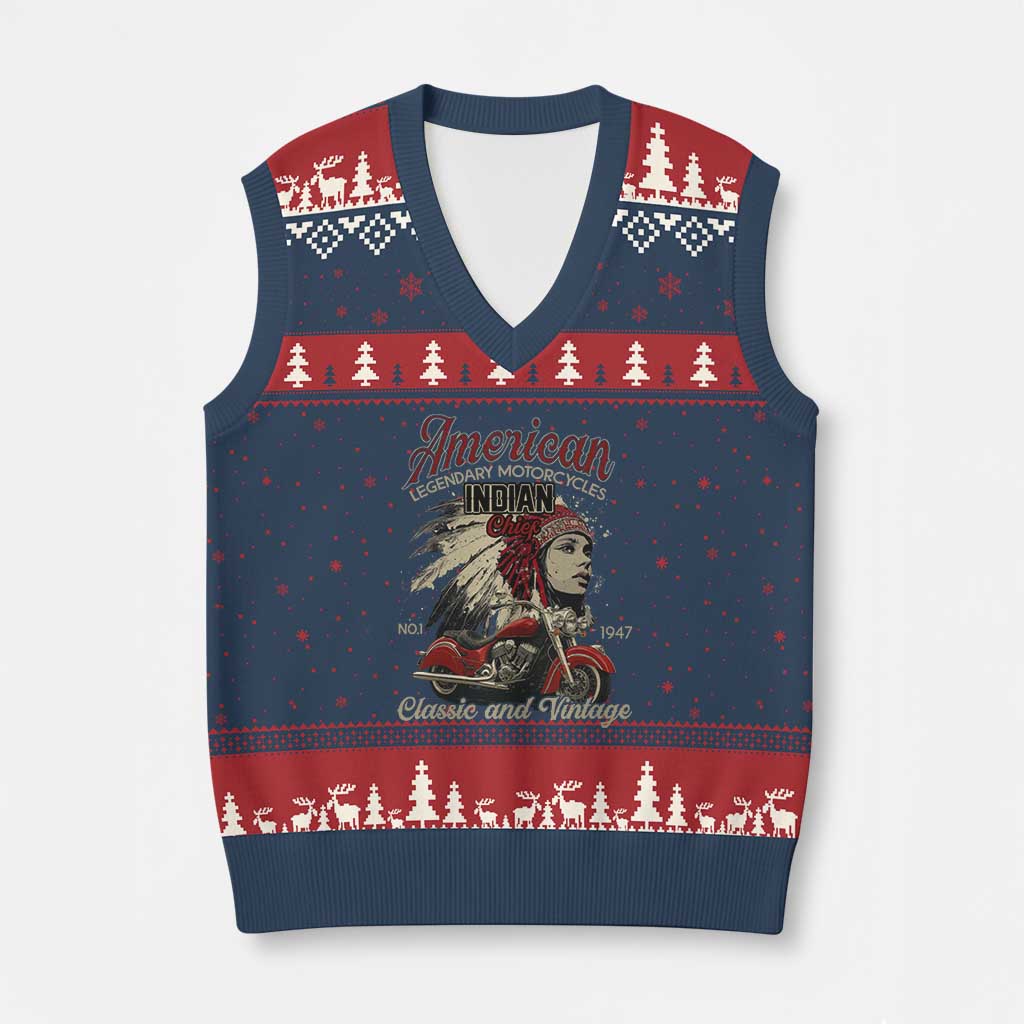 American Legendary Motorcycle Indian Chief V-Neck Knit Sweater Vest Classic And Vintage Bikers TS11 Navy Red Print Your Wear